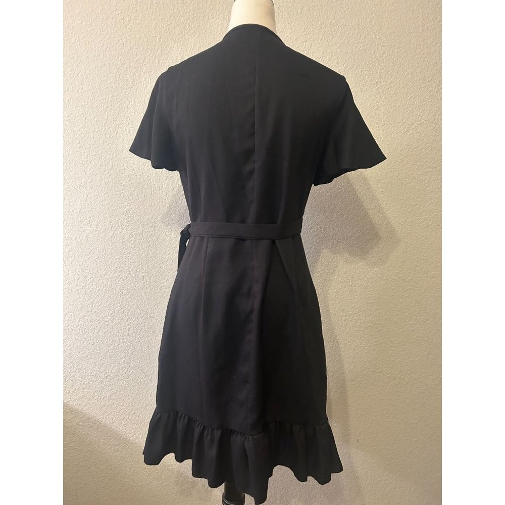 Women's Black Wrap Midi Dress with Ruffle Hem - Picture 3 of 12